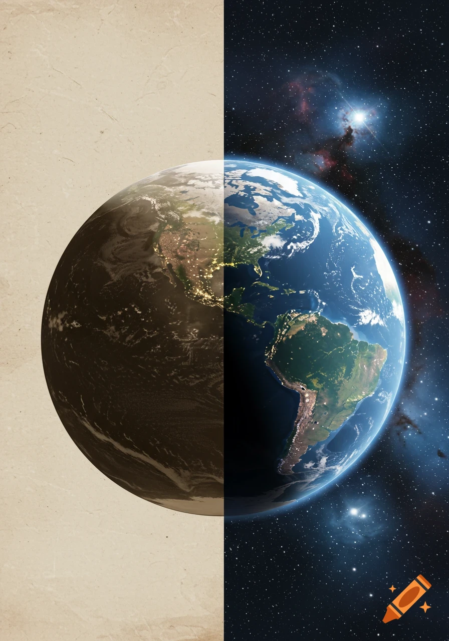 A split image of Earth, showing a desaturated, grainy left half against a plain background and a vibrant, clear right half in space.