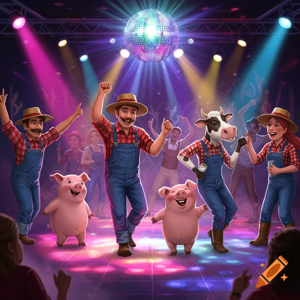 Cartoon farmers, a cow, and two happy pigs dance under a sparkling disco ball and colorful neon lights at a vibrant party.