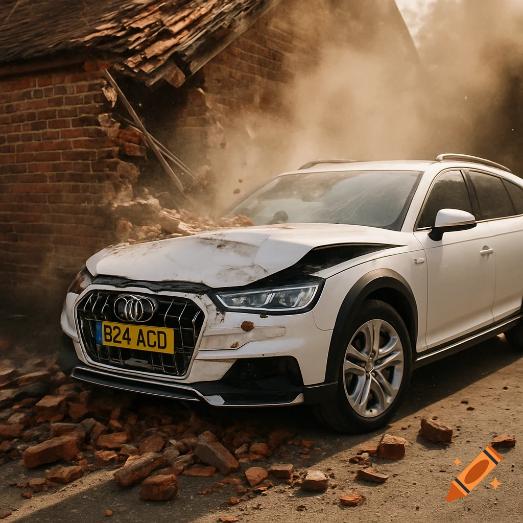 A white Audi A4 Allroad car crashed front-first into a brick building, with debris and dust scattered around the damaged vehicle and structure.