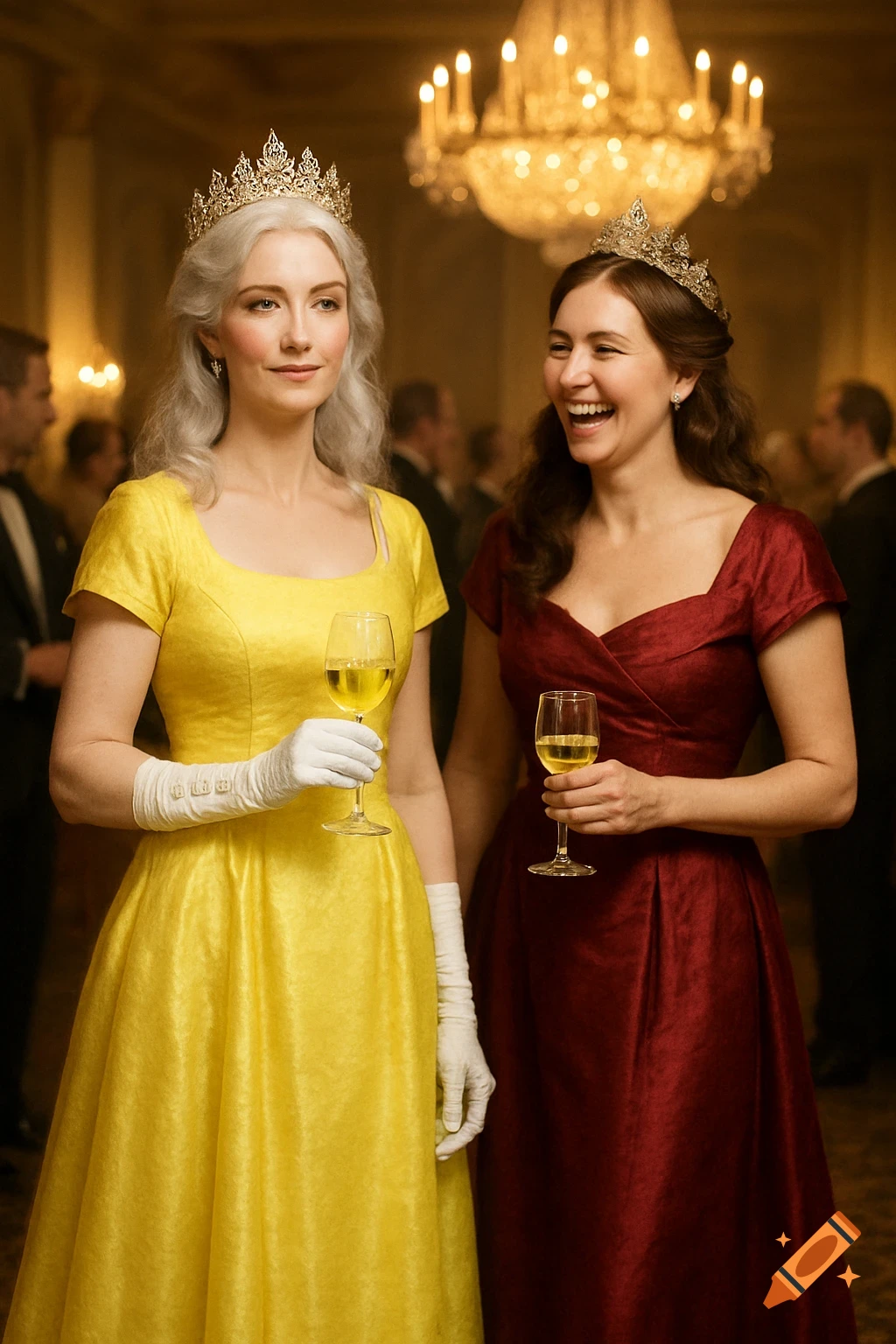 Two women, one with gray hair in a yellow dress and the other with brown hair in a red dress, both wearing crowns and holding wine glasses, stand smiling in a formal ballroom.
