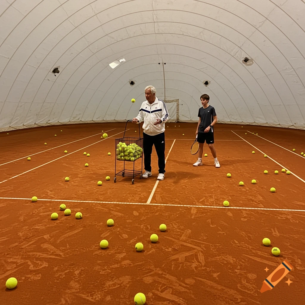 A tennis coach and a young player on an indoor clay court, surrounded by scattered tennis balls.