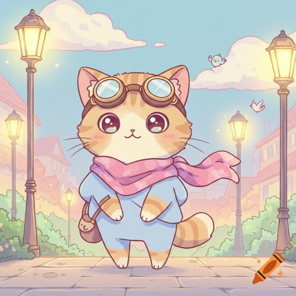 A cute anime cat wearing a pink scarf and goggles stands on a street with lamp posts and birds.