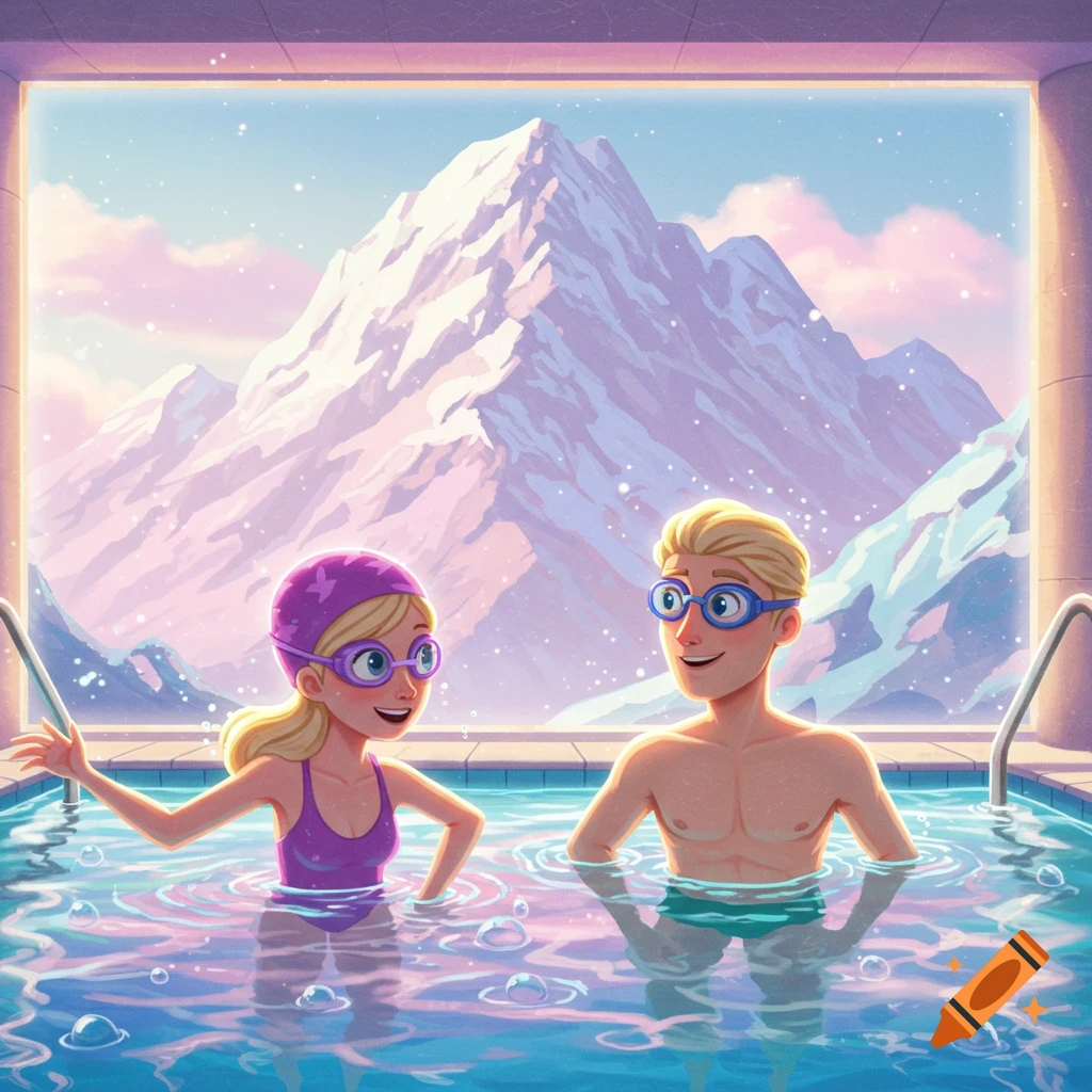 A Pixar-style cartoon of a blonde woman and man in an indoor pool with a snow mountain visible outside a large window.