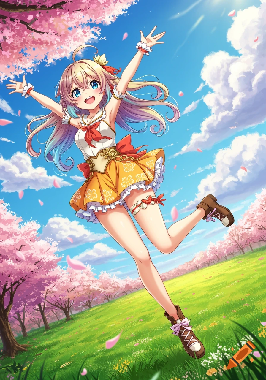 A vibrant anime girl jumps happily in a field with cherry blossom trees under a bright blue sky.