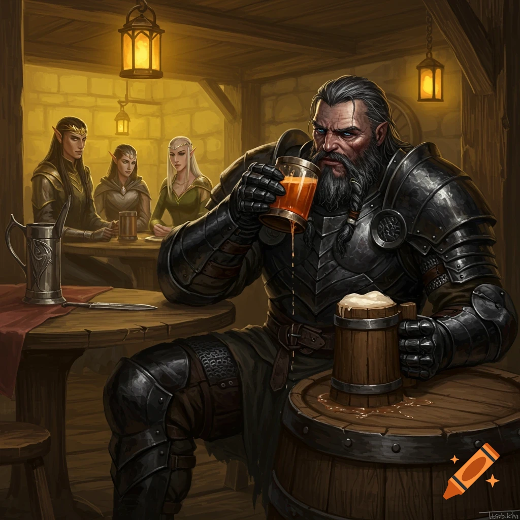 Fantasy art of a bearded barbarian warrior in black armor drinking mead from a glass in a tavern, with elves seated nearby.