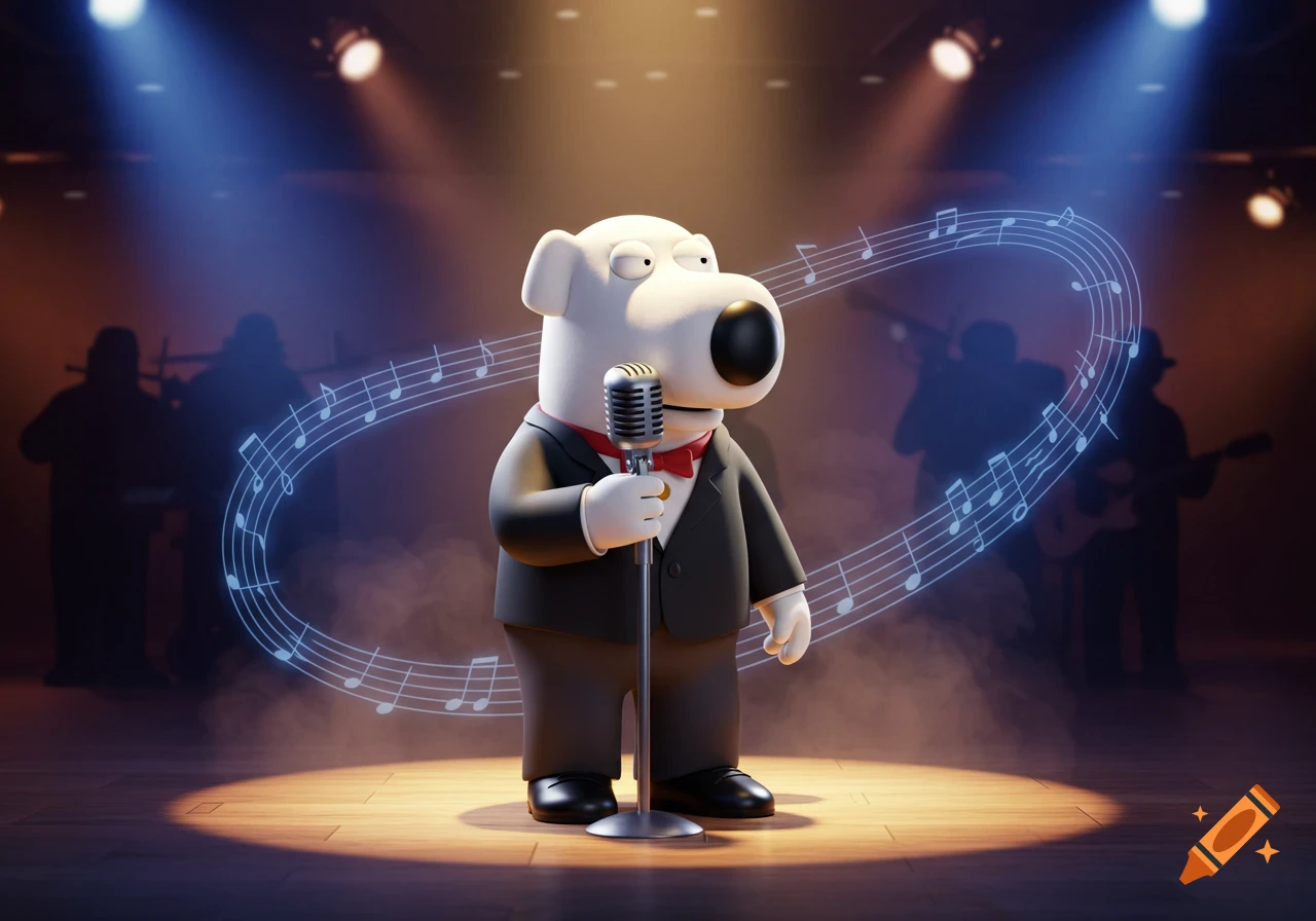 Brian Griffin, a cartoon dog, in a tuxedo singing on stage with a microphone and musical notes around him, band silhouettes in background.
