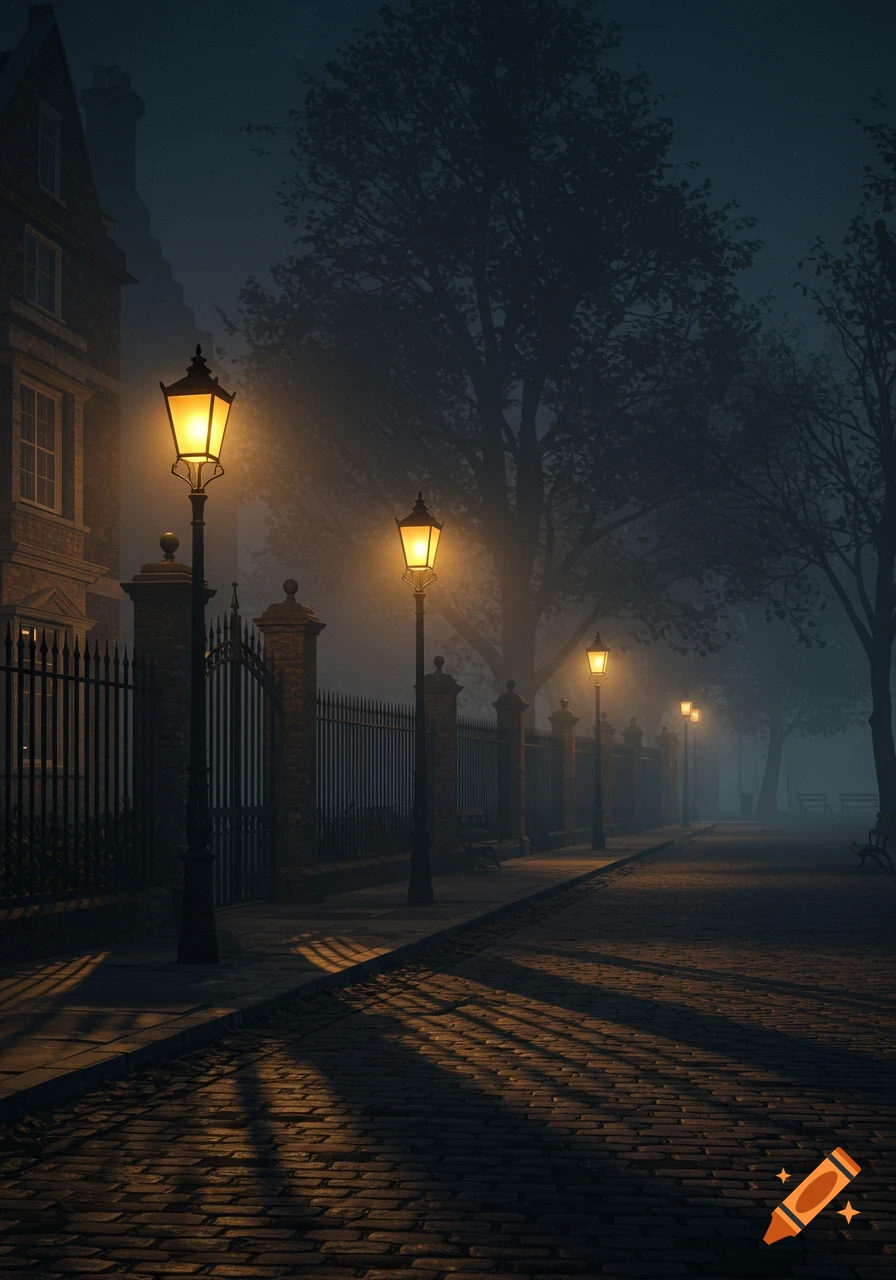 A foggy Victorian-era cobblestone street at night, illuminated by golden gas lamp posts, with a manor and trees.
