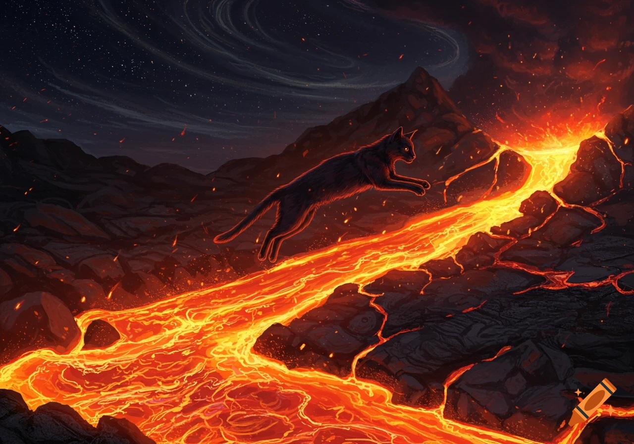 A black cat with glowing eyes leaps over a river of vibrant orange lava in a dark, volcanic landscape under a starry night sky.
