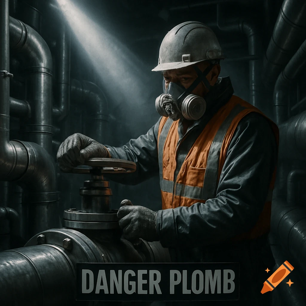 A photorealistic image of an industrial worker in a hard hat, gas mask, and orange vest, turning a large valve amidst pipes. Text says DANGER PLOMB.