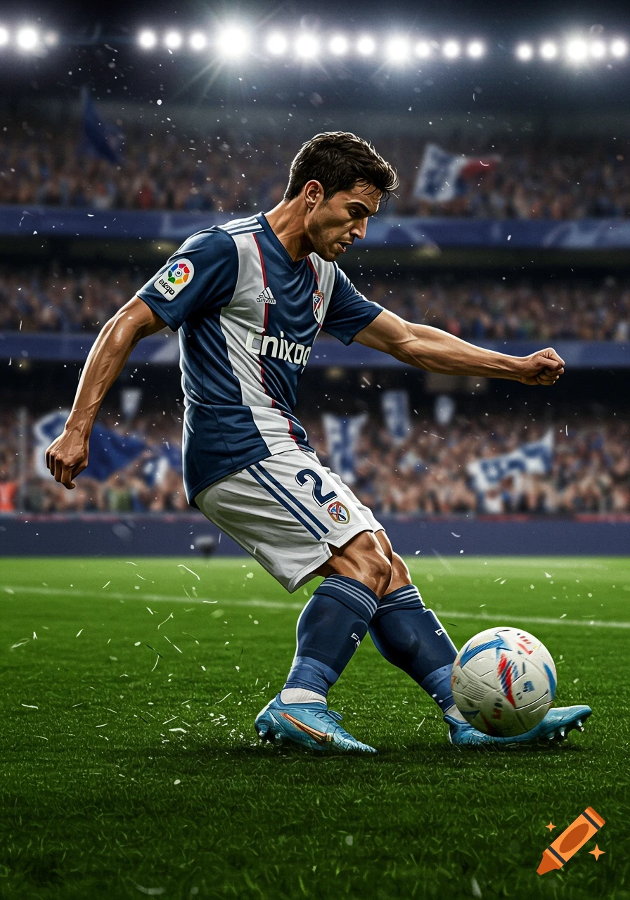A photorealistic image of a male soccer player in a blue and white uniform kicking a ball on a green field in a stadium.