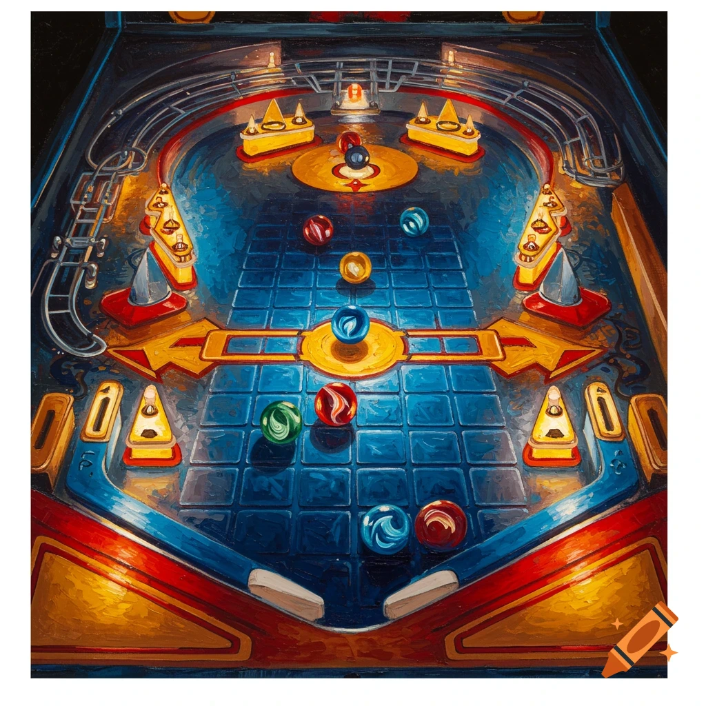An oil painting of a vibrant pinball machine playfield with colorful balls, flippers, and bumpers.