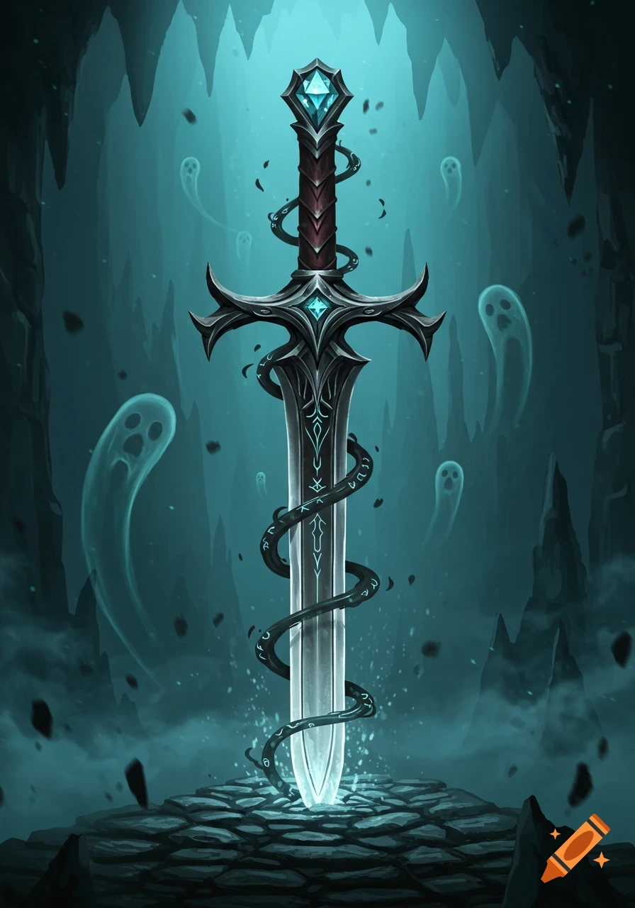 Ornate, glowing cursed sword with a blue diamond hilt in a misty cave with translucent ghosts, digital art.