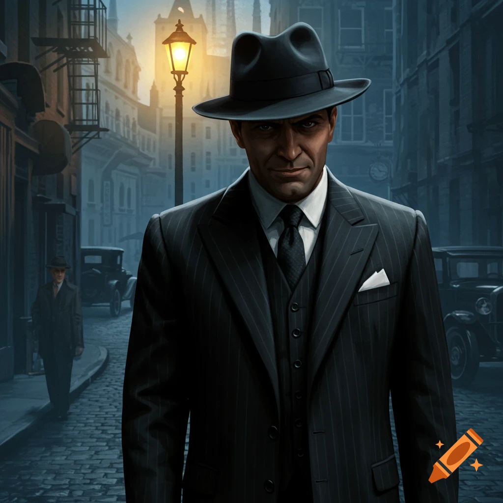A stern man in a pinstripe suit and fedora walks down a dark, cobbled city street with old cars and a streetlamp.