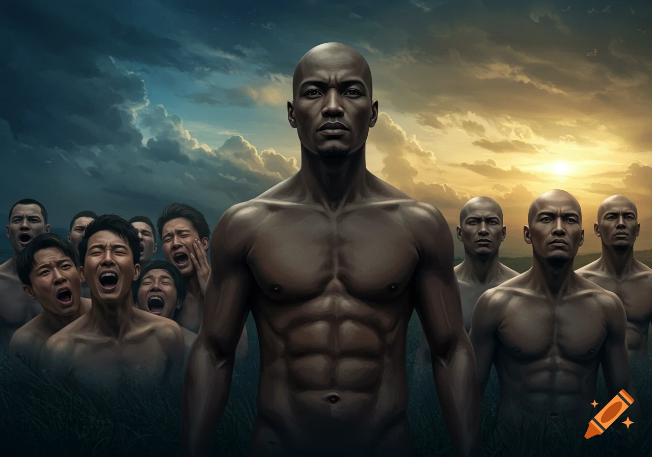 A central stoic dark-skinned man and other calm men contrast with screaming men under a dramatic, split sky.