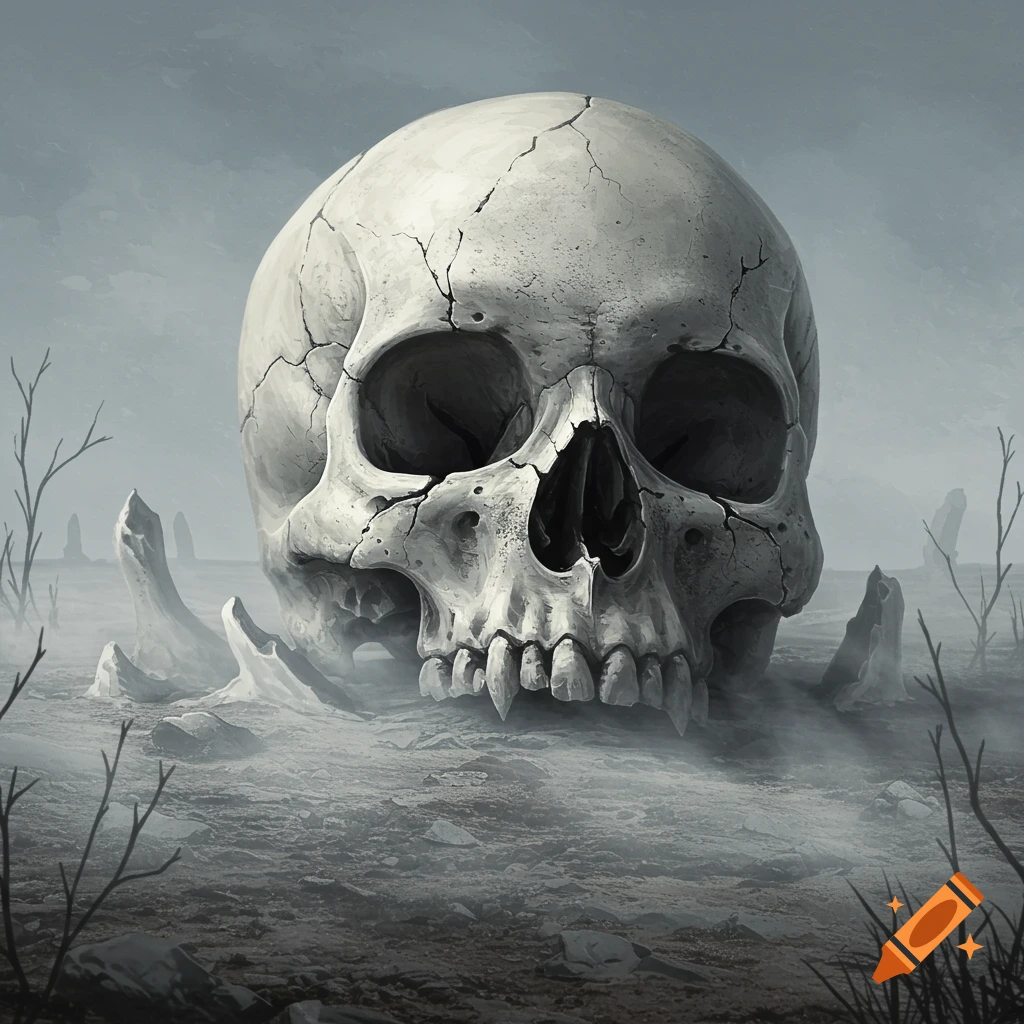 A large cracked human skull with a broken jaw sits in a misty, desolate landscape with sparse dead trees, rendered in a dark fantasy style.