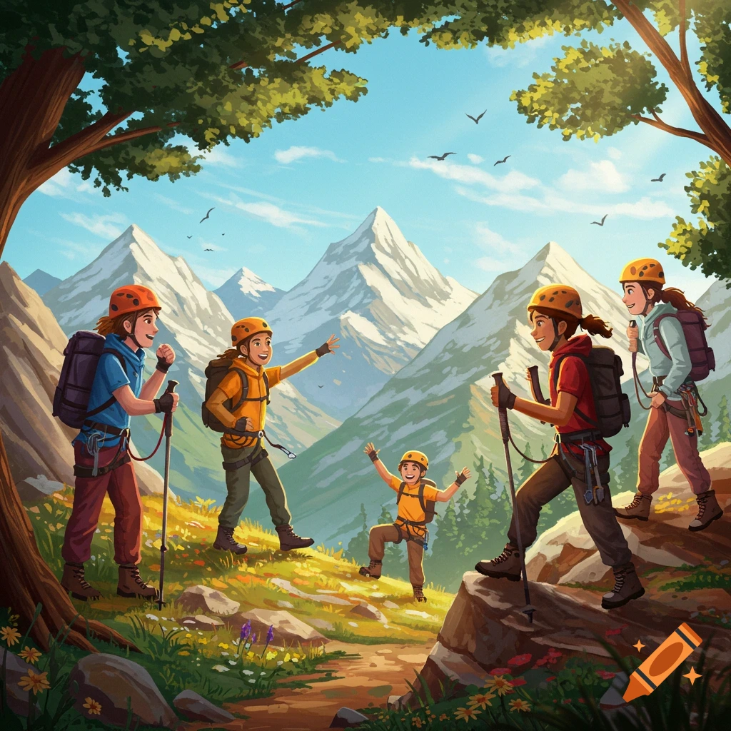 An illustration of five cheerful hikers, including a child, on a mountain trail with snow-capped peaks in the background under a blue sky.
