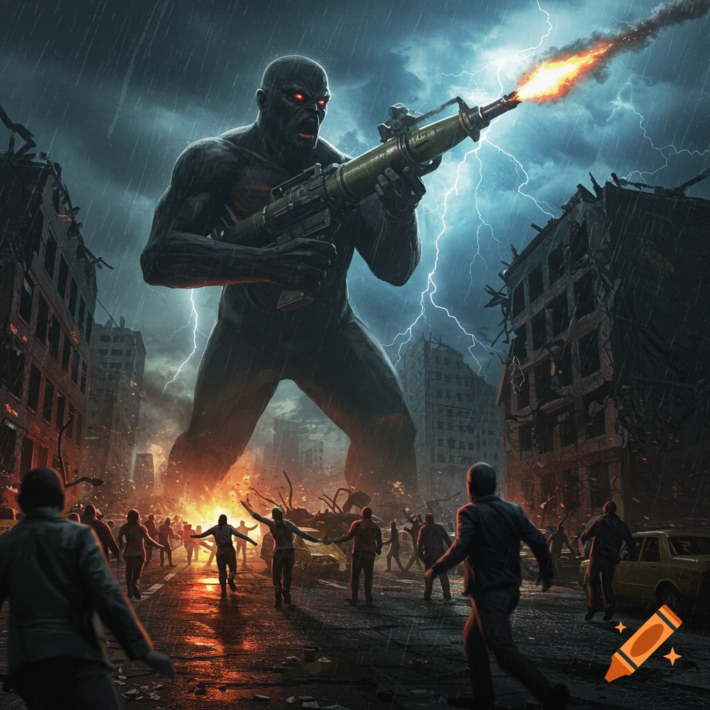A giant, black-skinned man with red eyes fires a rocket launcher in a destroyed city under a stormy, lightning-filled sky as people flee.