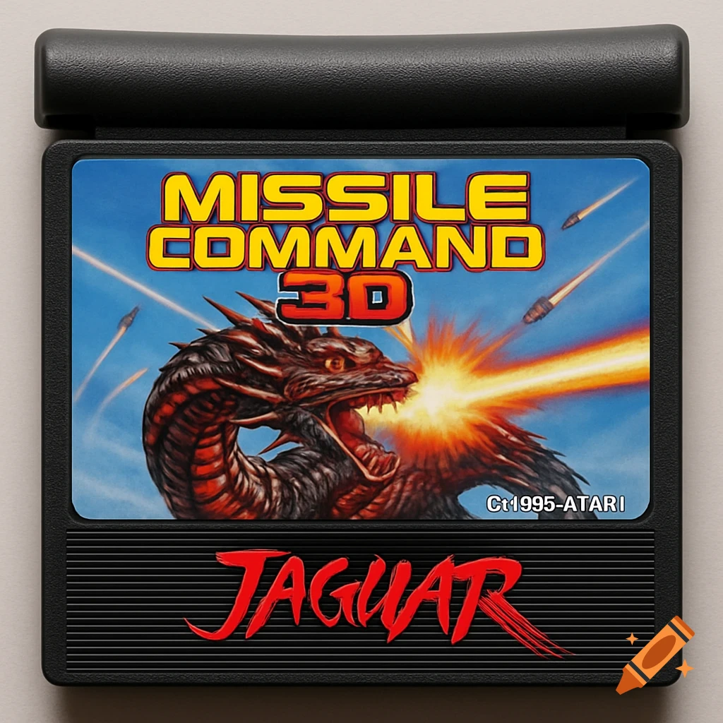 Atari Jaguar video game cartridge for Missile Command 3D, featuring a red dragon breathing fire, missiles, and a blue sky.