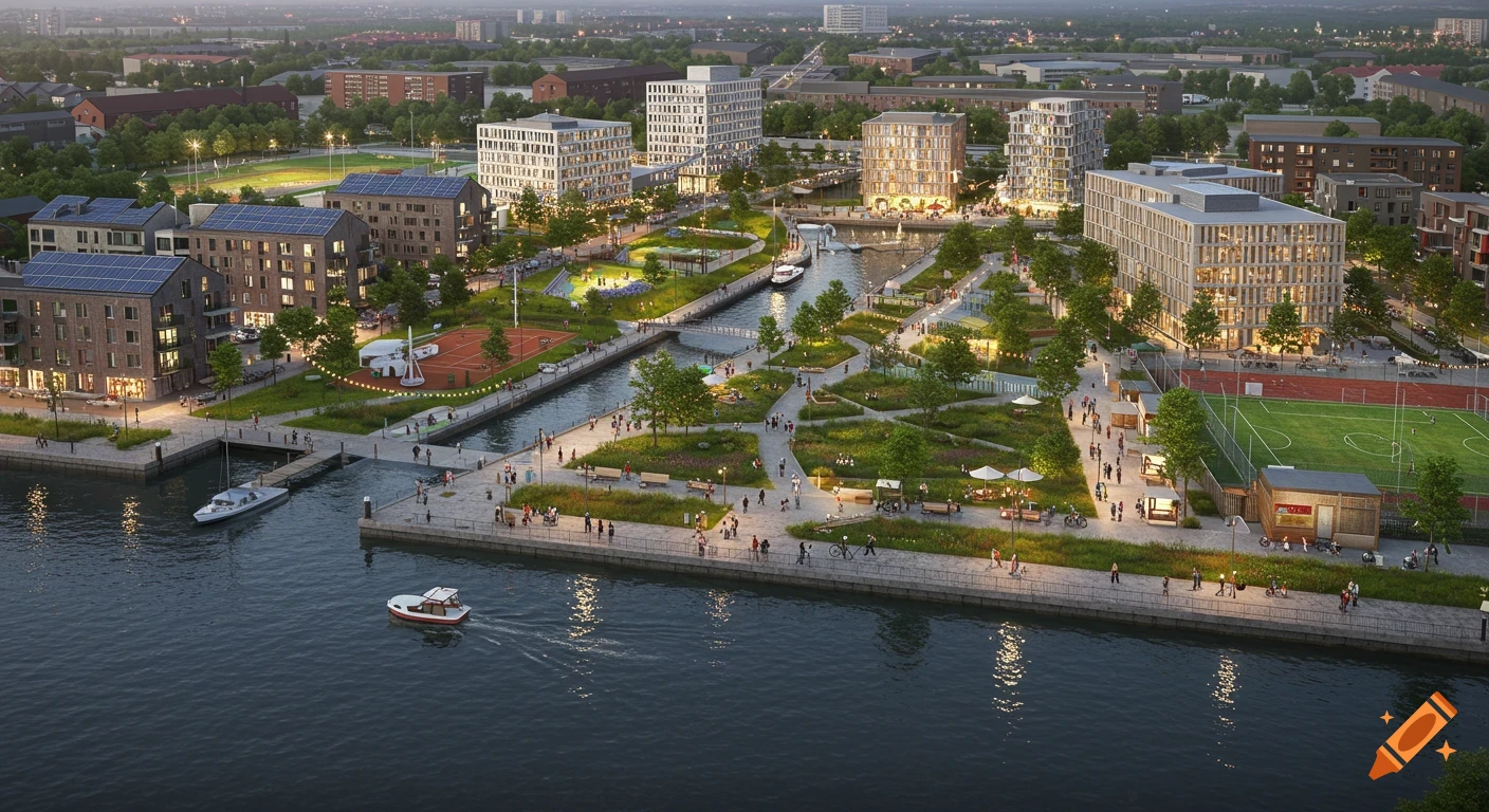 Aerial view of a modern urban waterfront with residential buildings, parks, canals, promenades, sports fields, and people, in evening light.