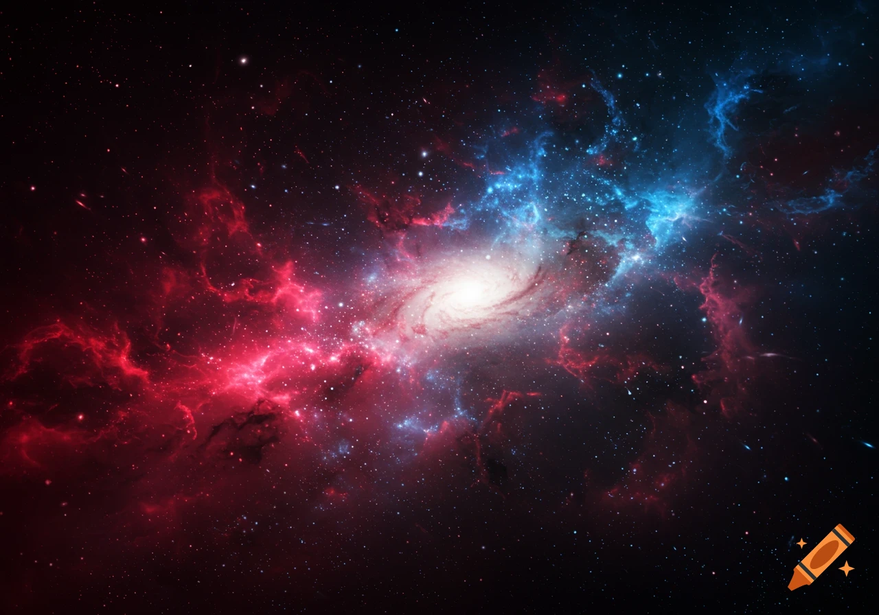 A vibrant spiral galaxy with glowing red and blue nebulae, surrounded by stars in deep outer space.
