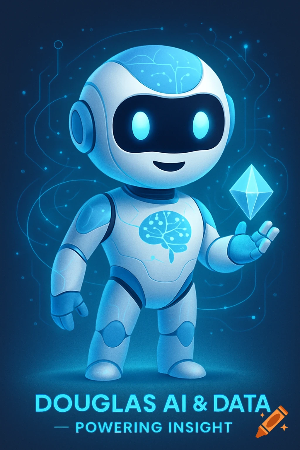 A friendly white and blue robot mascot with glowing blue eyes and a brain logo on its chest holds a blue data crystal. Text: DOUGLAS AI & DATA - POWERING INSIGHT.