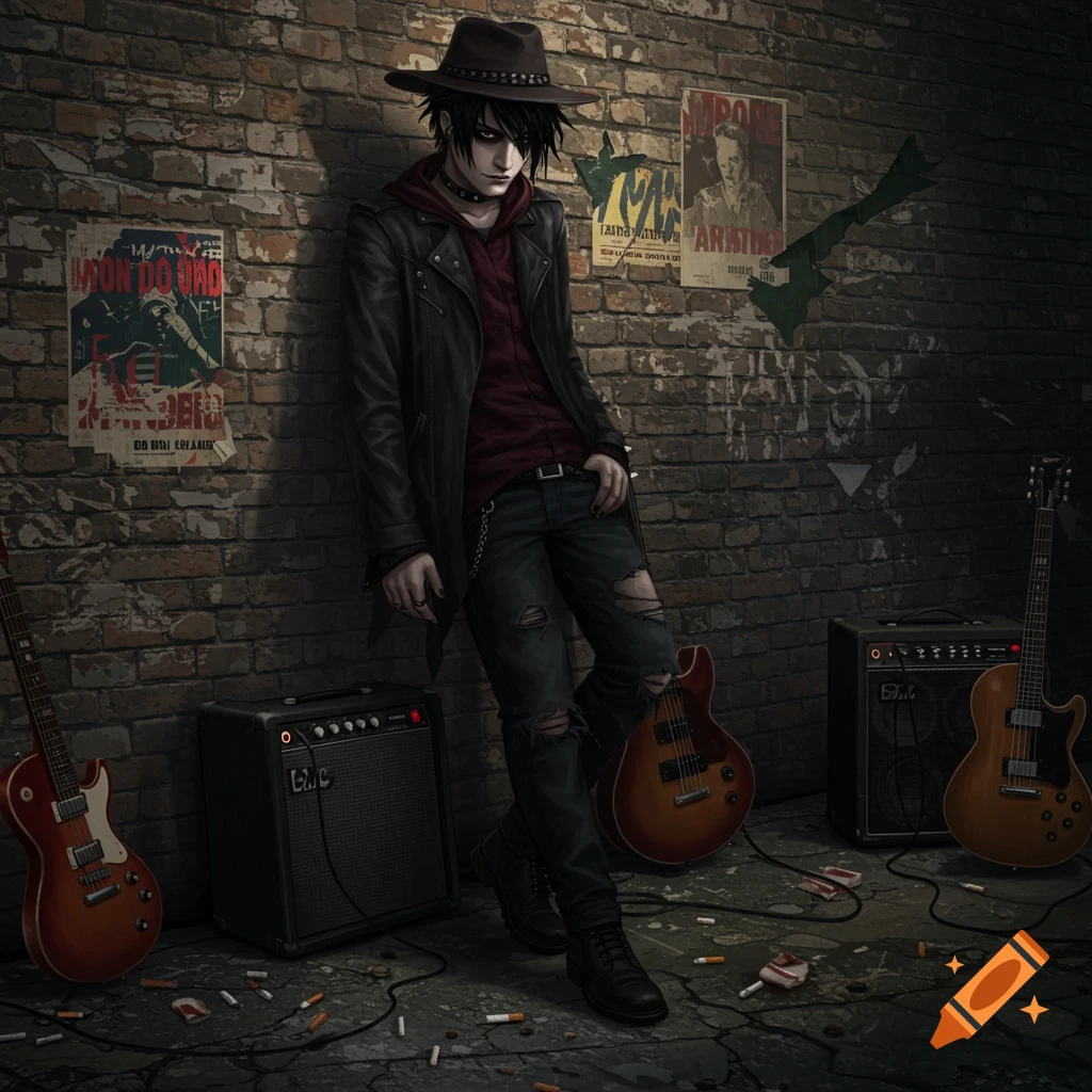 An edgy young man with dark hair and a fedora leans against a brick wall covered in grunge posters. Two electric guitars and amplifiers sit on the ground, surrounded by cigarette butts.