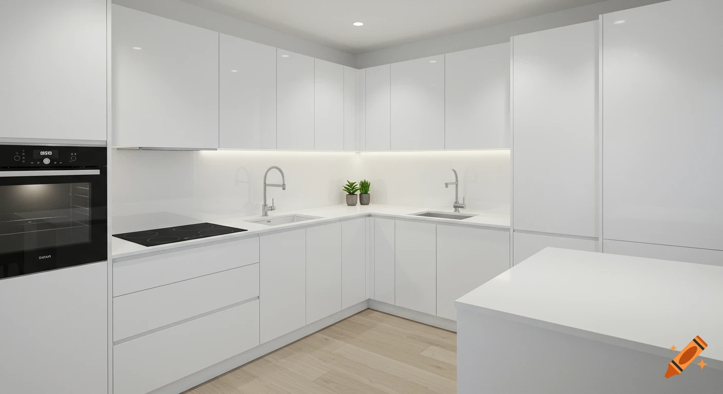 A photorealistic rendering of a U-shaped modern kitchen with white handleless cabinets, white countertops, and light wood flooring.
