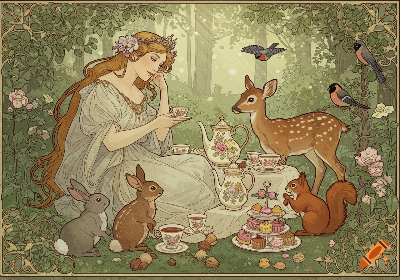 Art Nouveau illustration of Sleeping Beauty having a tea party with a deer, rabbits, squirrel, and birds in a forest, with teacups and sweets.