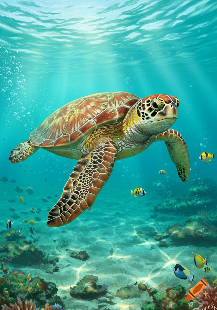 A vibrant illustration of a sea turtle swimming gracefully in clear blue water, surrounded by colorful fish and coral reefs.