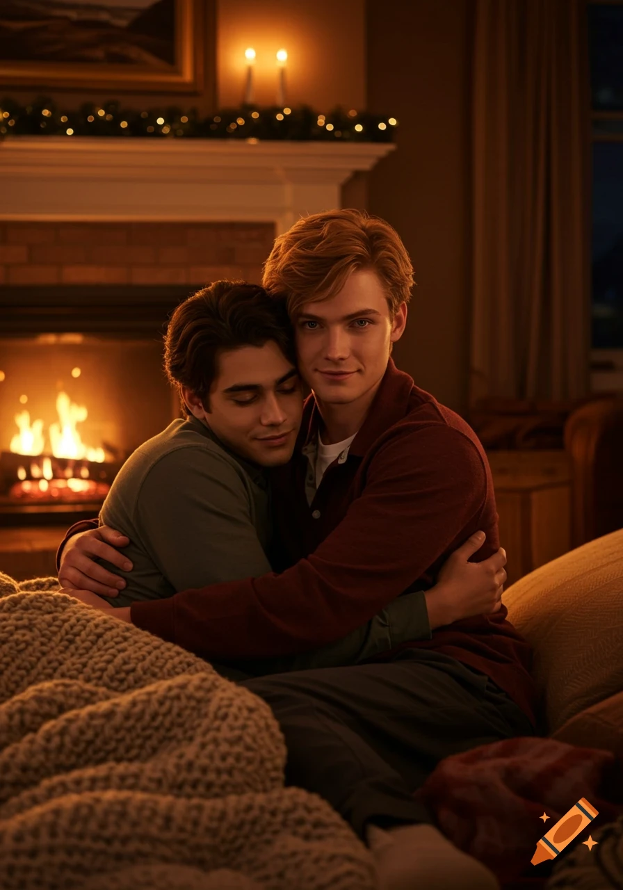 Two young men, one with dark hair, one with strawberry blonde, embrace intimately on a couch by a warm fireplace in a cozy, dim-lit room.