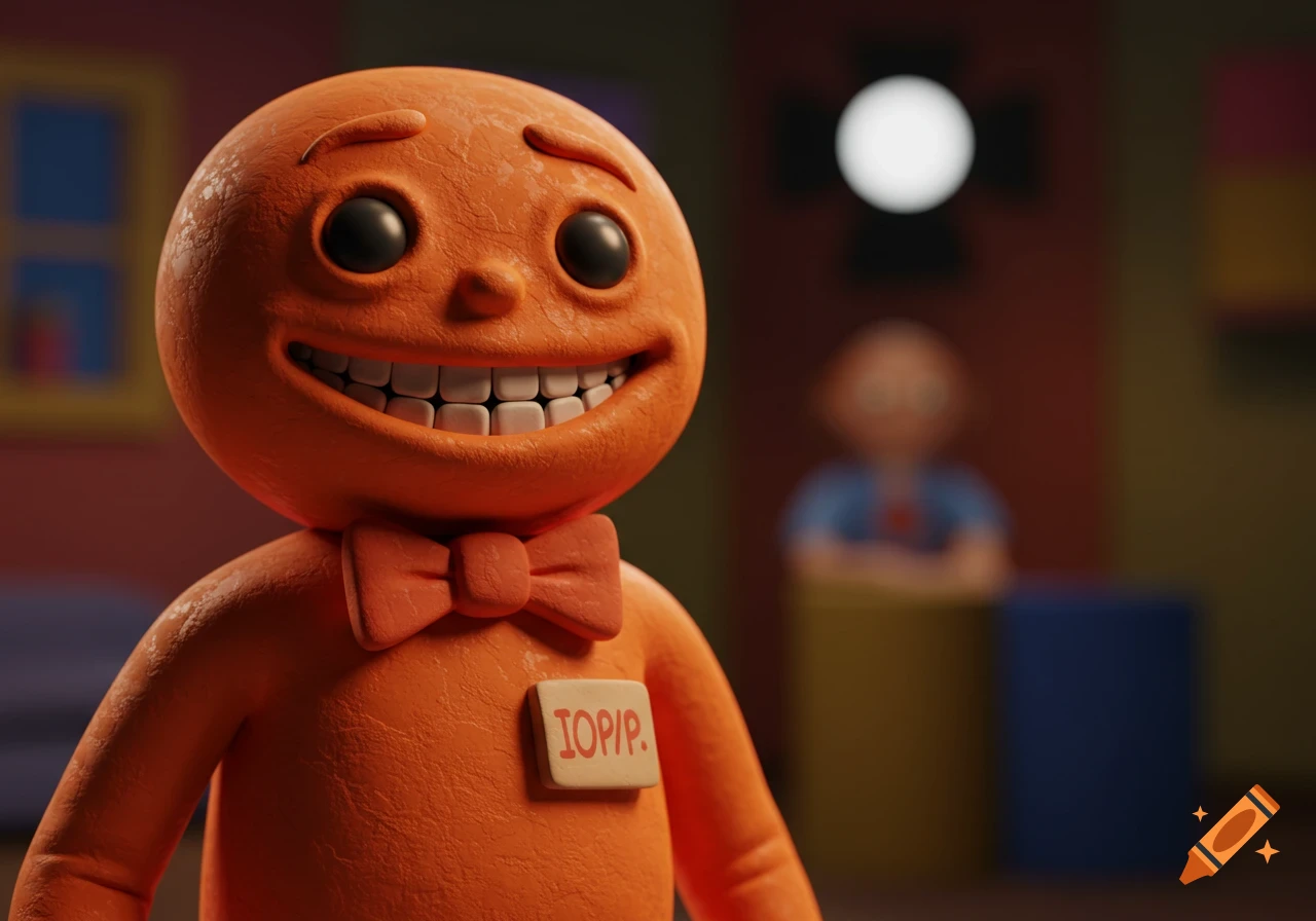 A close-up of a smiling orange clay-mascot humanoid with a bow-tie and name tag, in a stop-motion style with an eerie undertone. Blurry 1980s TV set background.