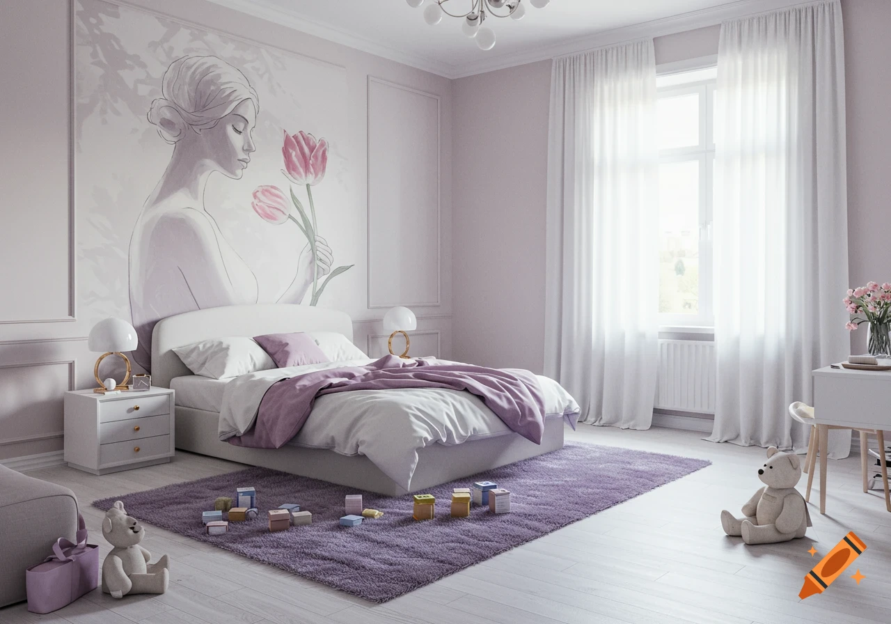 Realistic minimalist bedroom with white and lilac bedding, a purple rug, a mural of a woman holding tulips, and teddy bears.