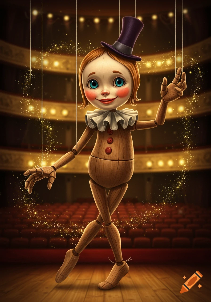 Whimsical marionette with rosy cheeks and a top hat dancing on strings on a wooden stage in a theater.