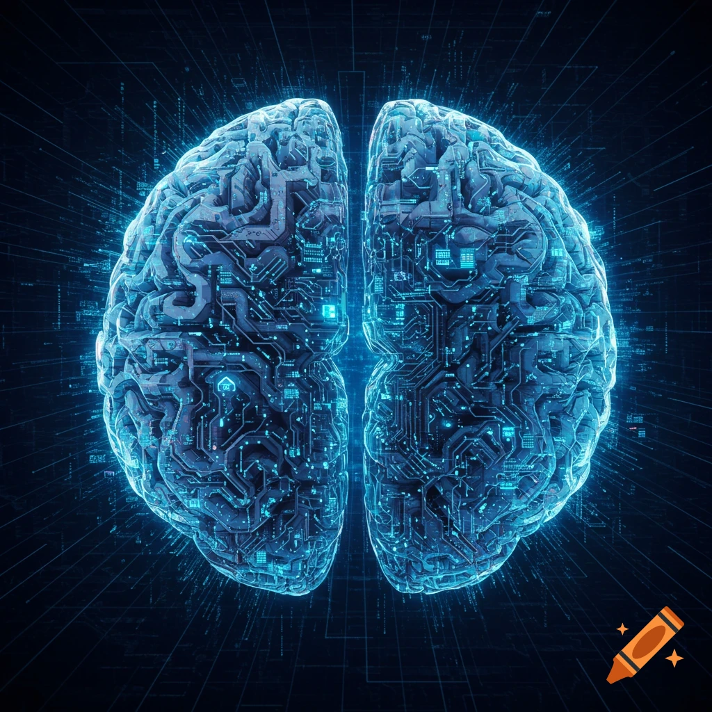A glowing blue digital human brain composed of circuit board patterns and data streams against a dark background.