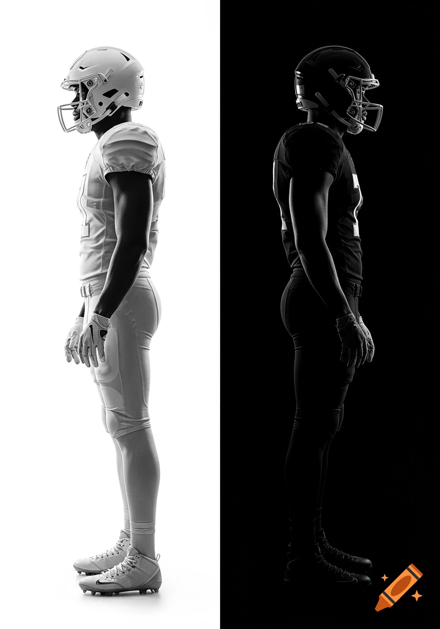 A black and white split image of two American football players in profile, one in a white uniform on a white background, the other in a black uniform on a black background.