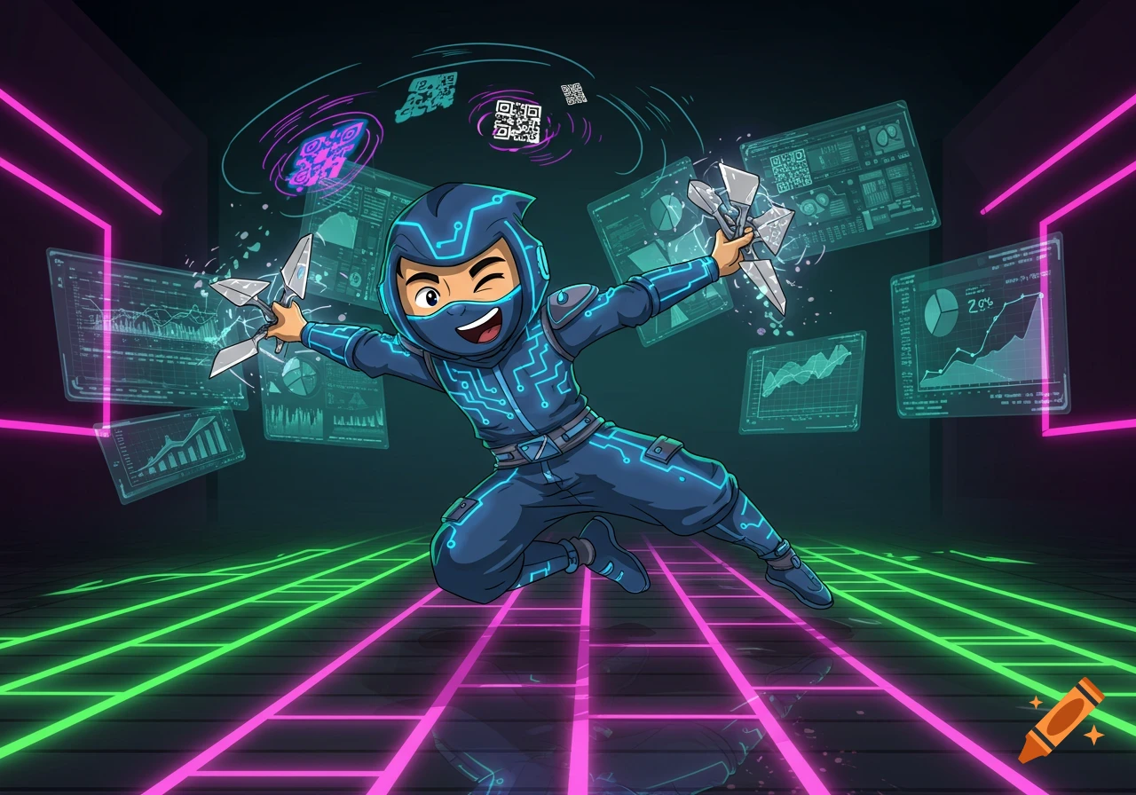 A cartoon data ninja in a blue circuit board suit jumps, winking, holding data shurikens in a neon-lit cyber room with floating data screens.