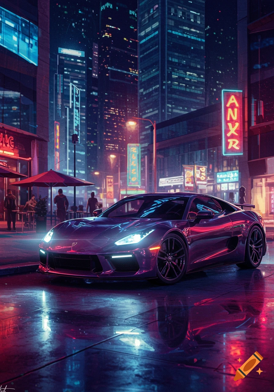 A sleek, purple sports car parked on a wet neon-lit city street at night, reflecting vibrant blues and pinks.