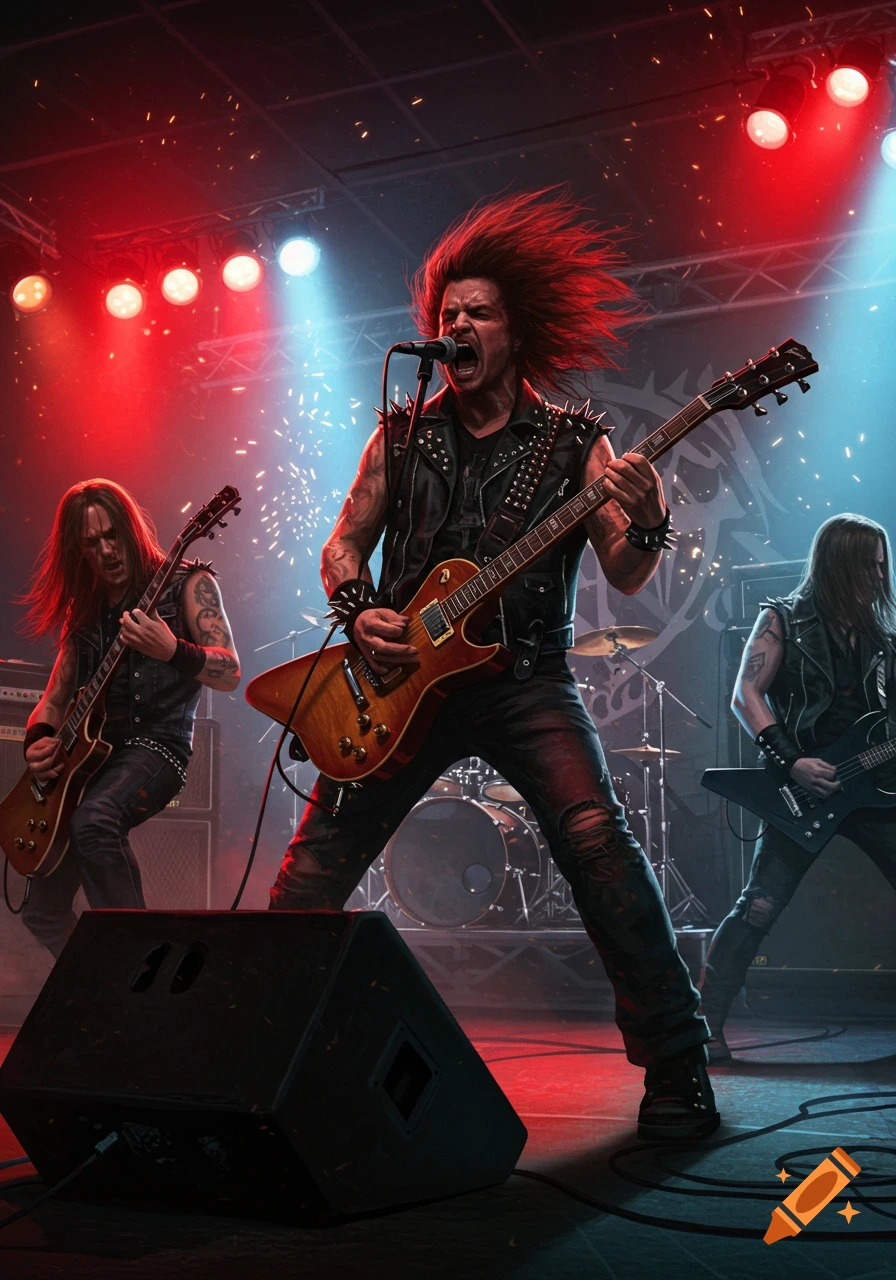 A heavy metal band with long hair performs on stage under dramatic red and blue lighting, sparks flying around.