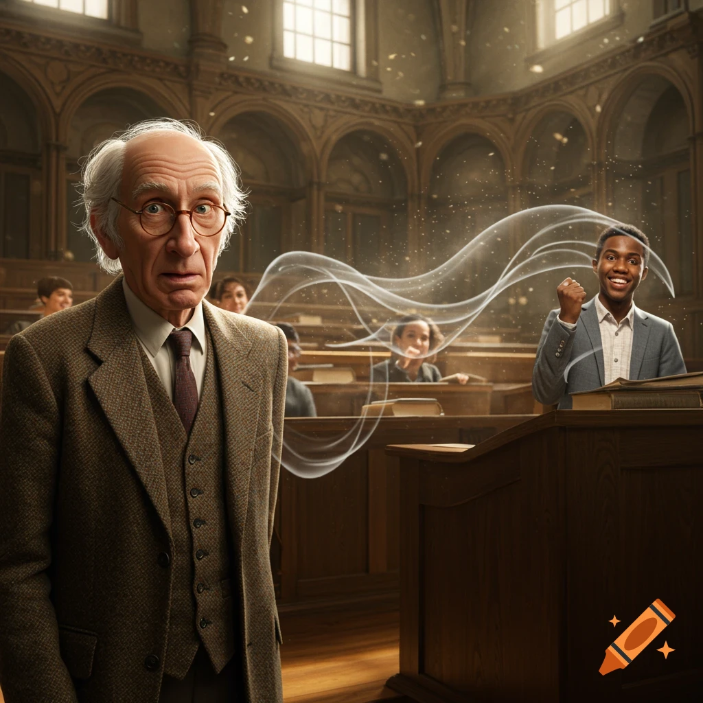 An old philosophy professor with a shocked expression stands in a grand lecture hall, while a smiling student in the background has a magical, swirling smoke effect emanating from him.
