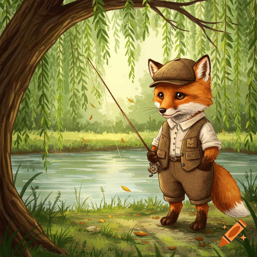 A cute anthropomorphic fox in a tweed outfit and cap fishes by a tranquil river under a weeping willow tree in a charming art style.