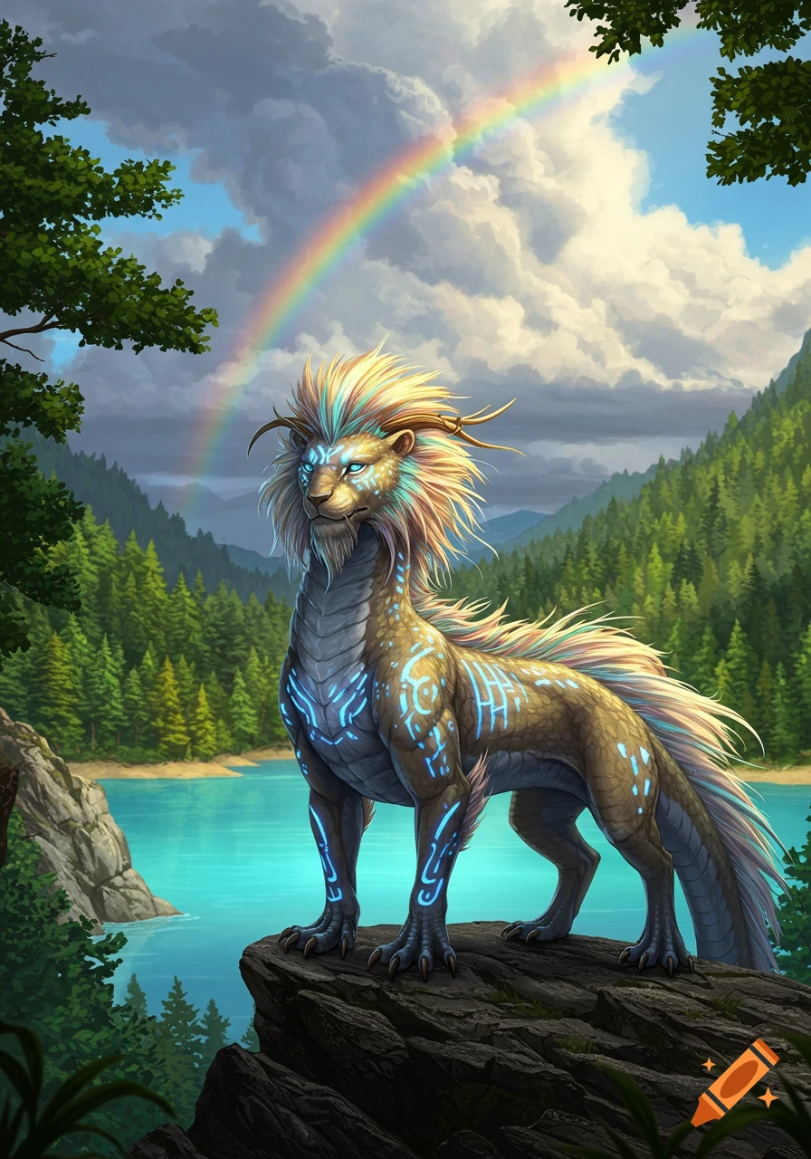 A majestic fantasy creature, a lion-dragon hybrid with glowing blue patterns, stands on a rock by a turquoise lake, under a rainbow and forested mountains.