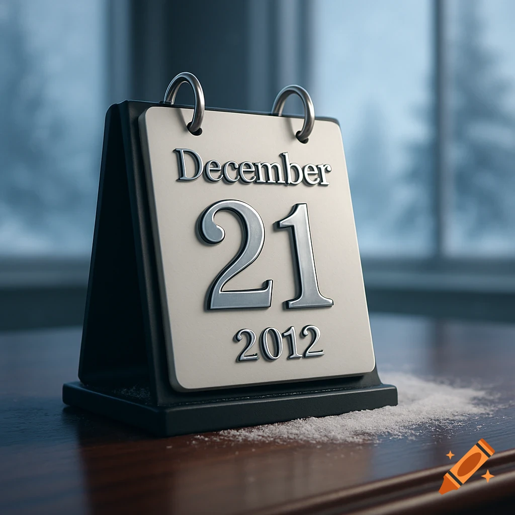 A close-up of a desk calendar displaying "December 21 2012" on a wooden table with scattered snow.