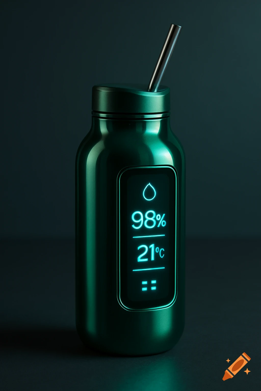 A glossy emerald green smart water bottle with a metal straw and a screen displaying '98%' and '21 deuc' in neon blue.