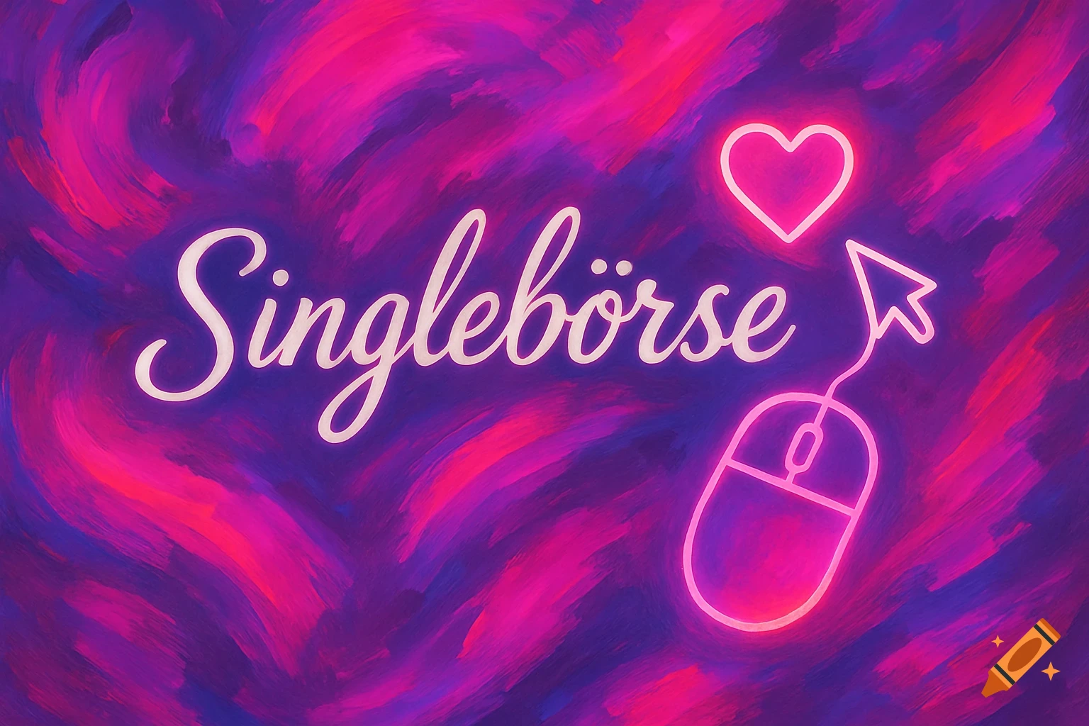 Abstract pink and purple background with white script text 'Singlebörse', a glowing pink heart, and a glowing pink computer mouse with a cursor pointing to the heart.