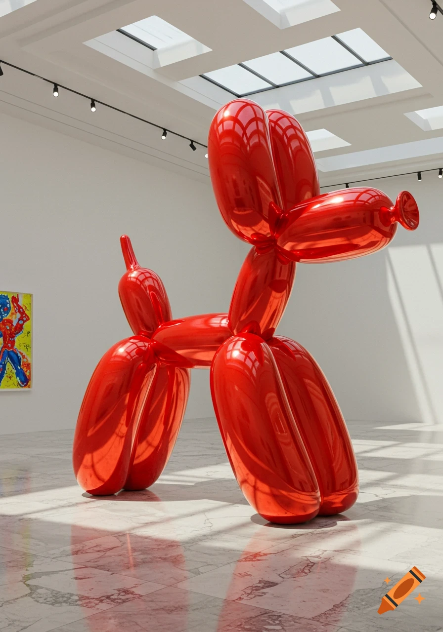 A large, shiny red balloon dog sculpture stands prominently in a minimalist white art gallery with skylights and a marble floor.