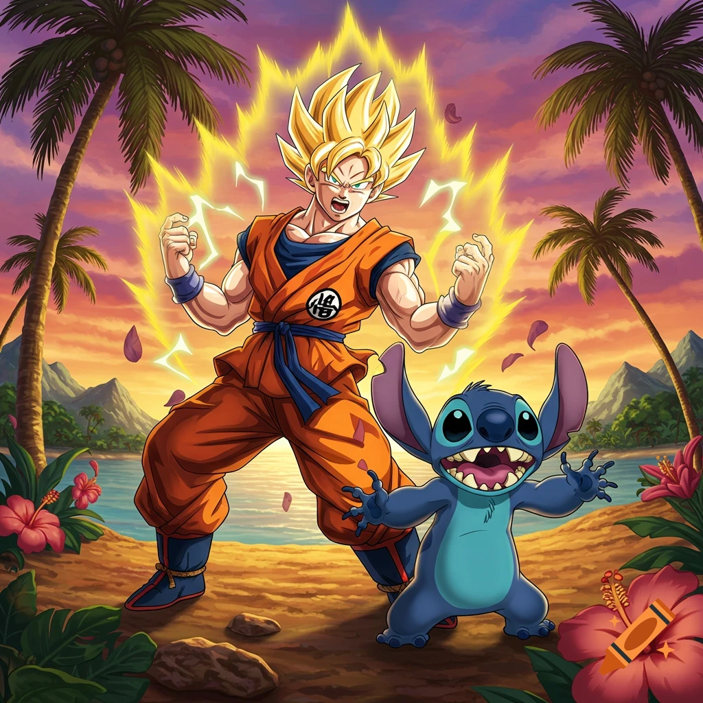 Goku in Super Saiyan form and Stitch from Lilo & Stitch on a vibrant tropical beach at sunset, in an anime cartoon style.