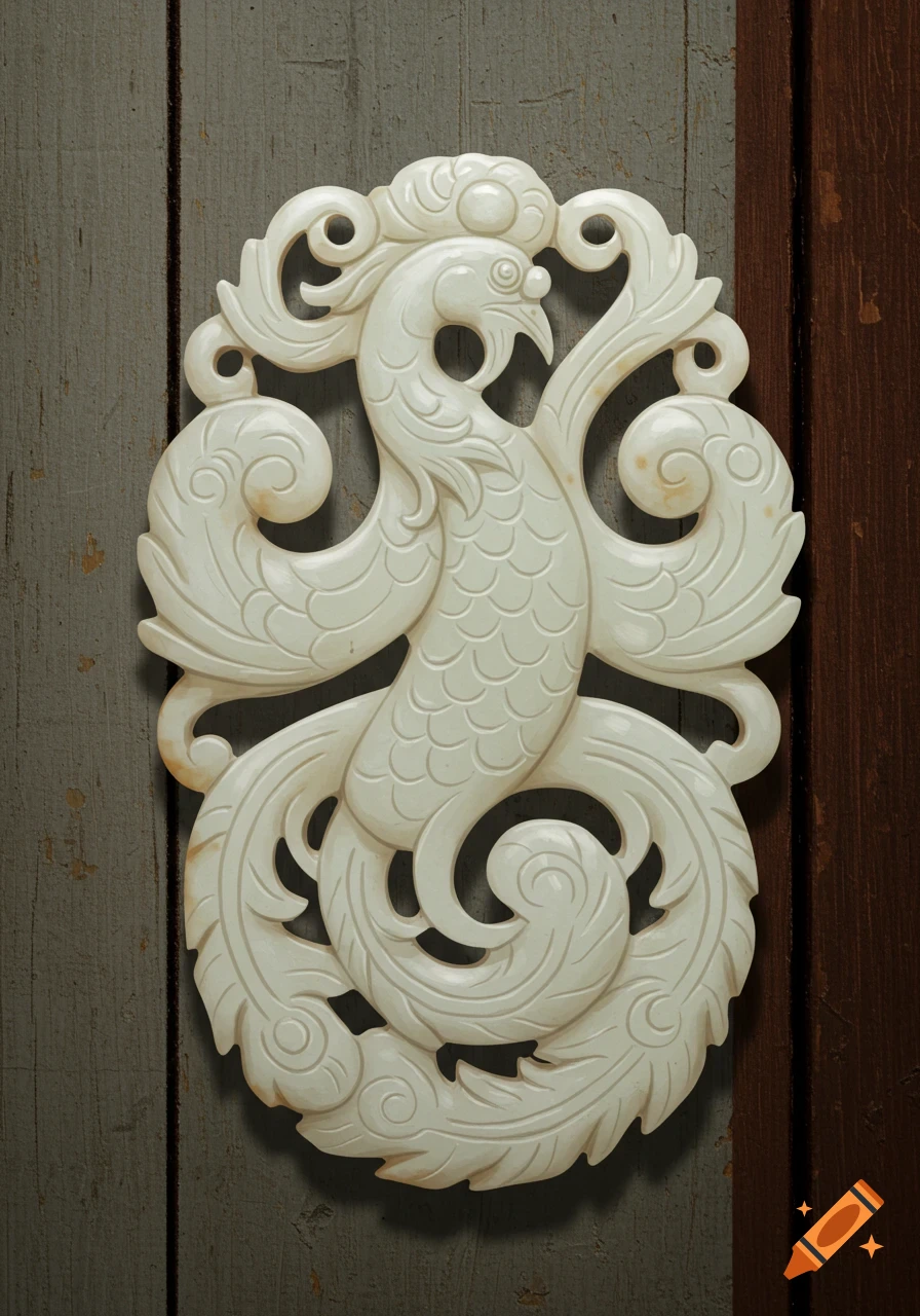 A white jade carving of a stylized phoenix with elaborate swirling tails, set against a wooden background.