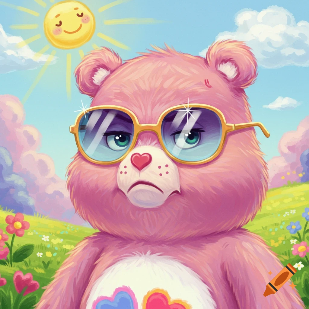 A grumpy pink Care Bear with cool sunglasses sits in a vibrant green field under a blue sky with a smiling sun.