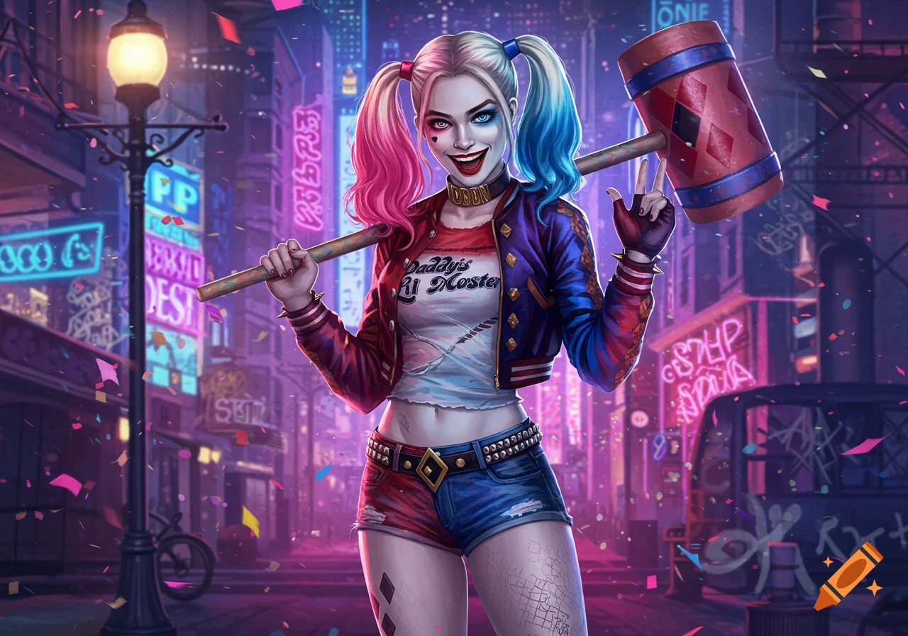 Harley Quinn stands smiling in a vibrant, neon-lit cyberpunk city street, holding a large mallet over her shoulder. She wears her signature red and blue pigtails, a cropped "Daddy's Lil Monster" shirt, and a bomber jacket.