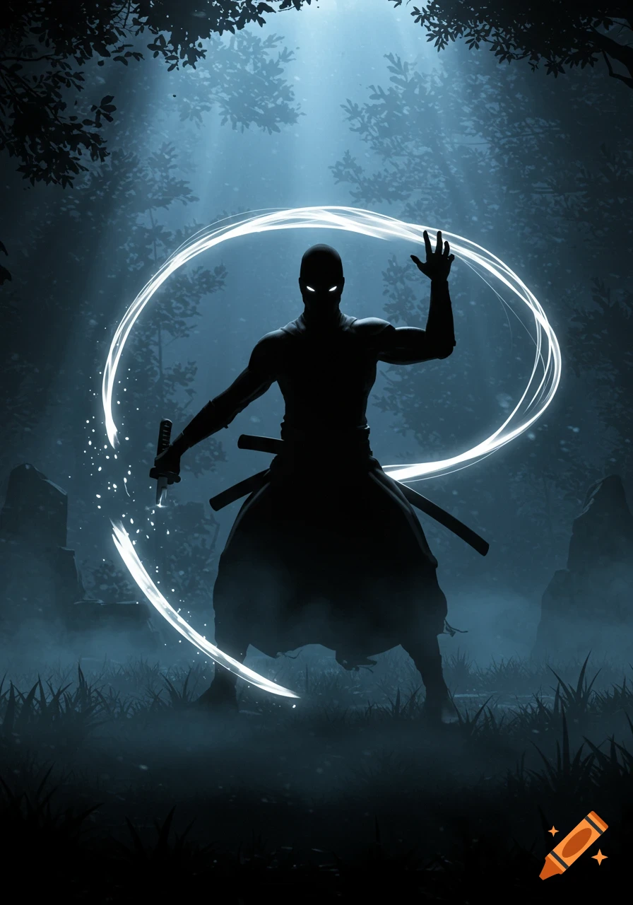 A dark silhouette of a ninja in a mystical forest, creating a glowing light circle with a katana.